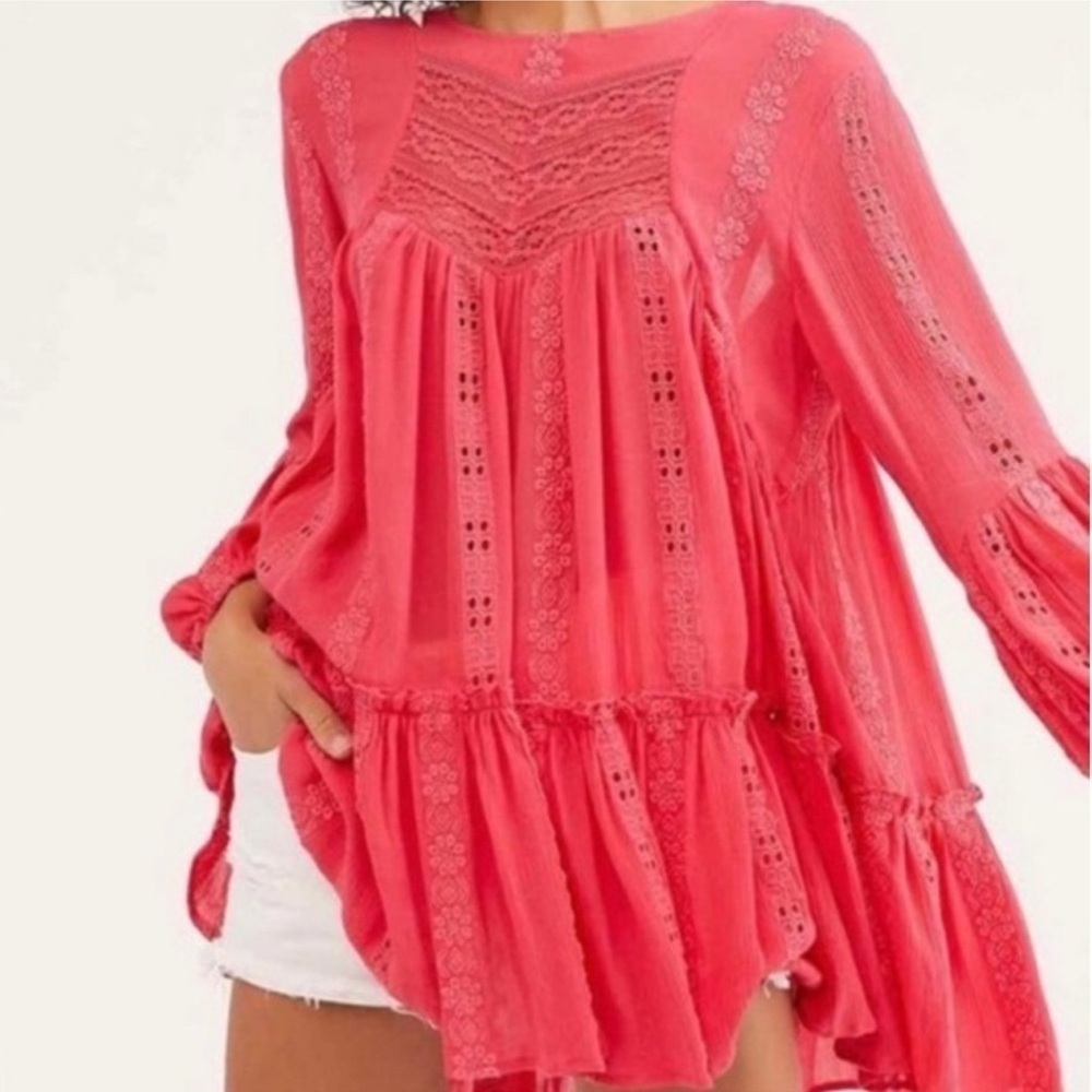 Free People Kiss Kiss Sweetest Dreams Pink Tunic Top Lace Inset XS Boho